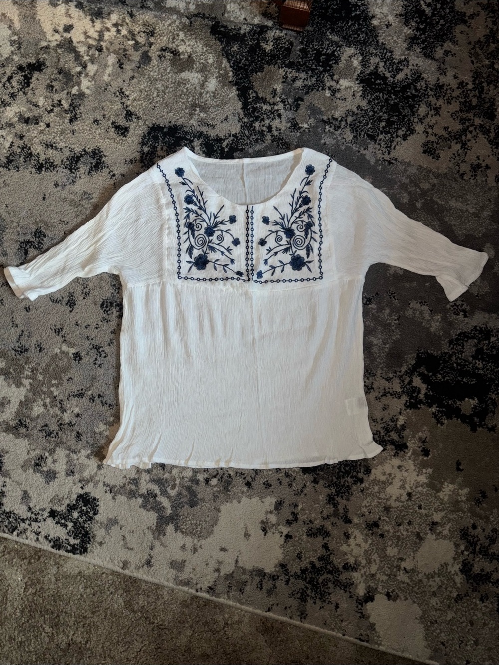 SHEIN White Blouse with Navy Floral Embroidery